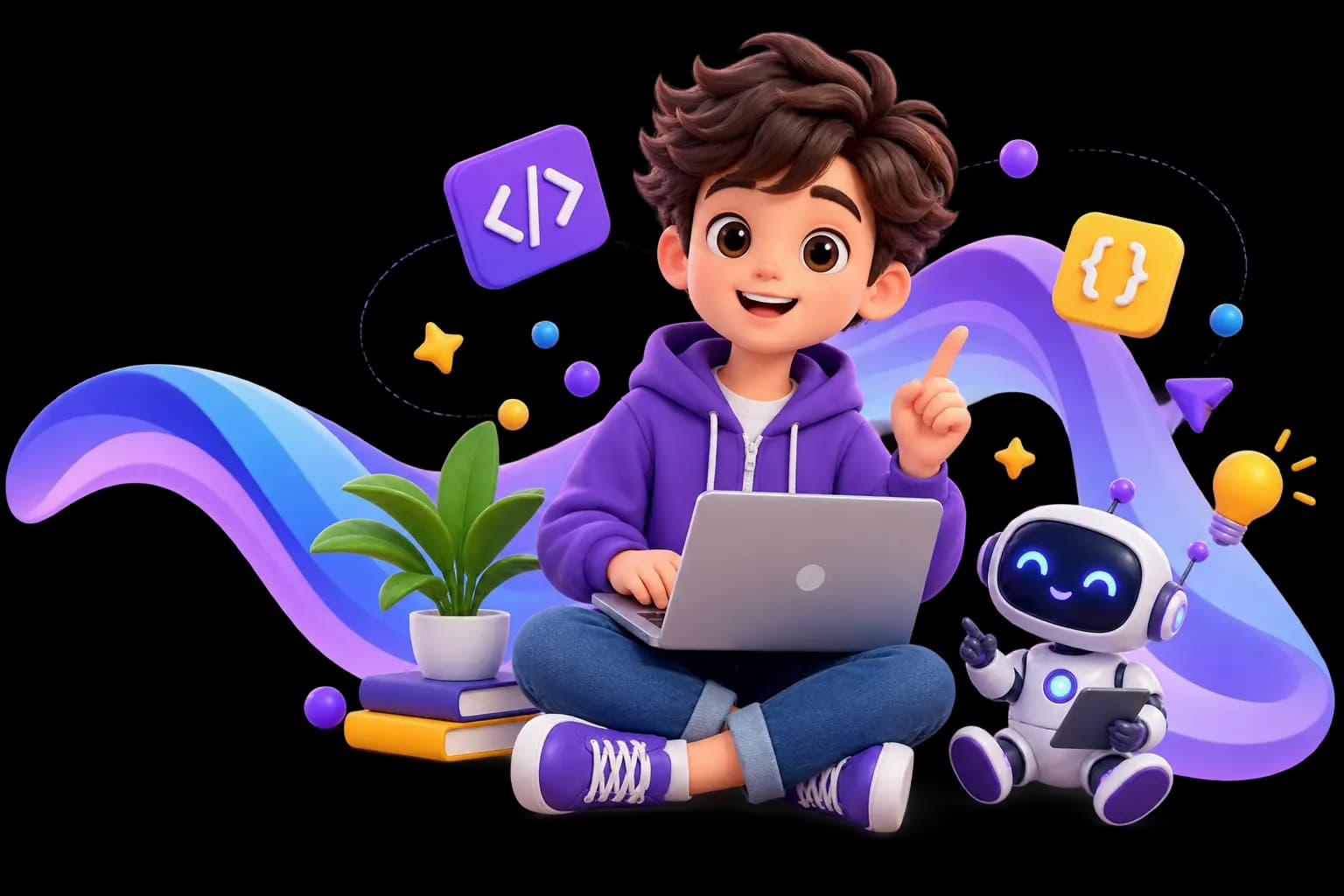 A boy coding on a laptop next to a friendly robot