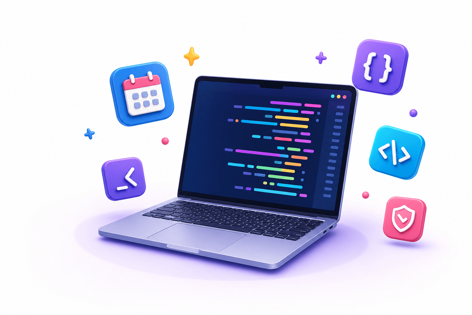 Laptop with colorful code and floating learning icons